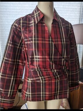 NWOT Talbots Sz16 Red Plaid Taffeta Faux Wrap Blouse LS Holiday 100% silk